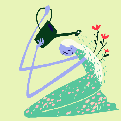chica regando flores sobre su espalda